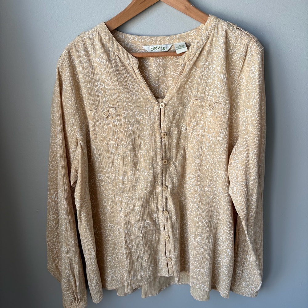ORVIS blouse Women’s Size XL tan- White,‎ Button Up Shirt-Cotton
